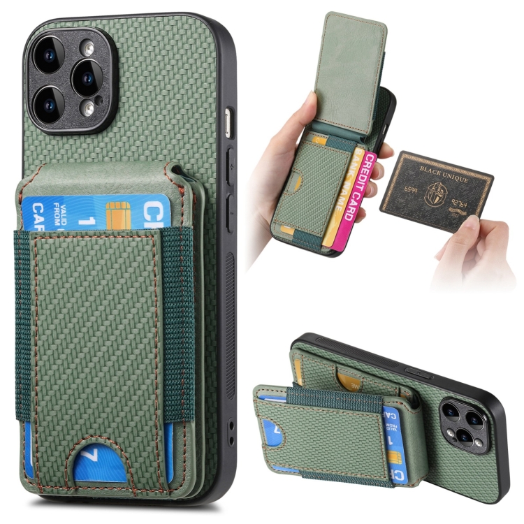 

For iPhone 15 Pro Max Carbon Fiber Vertical Flip Wallet Stand Phone Case(Green)