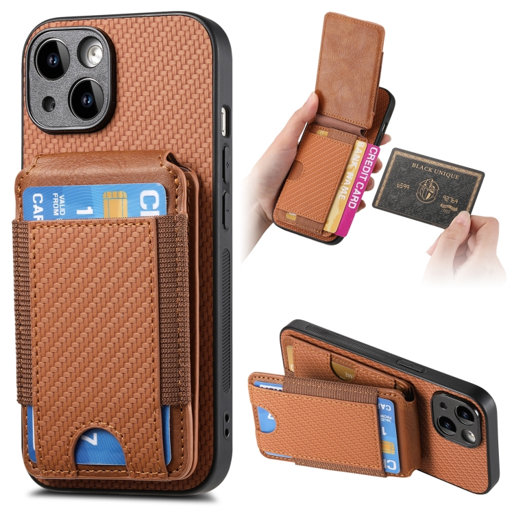 

For iPhone 15 Plus Carbon Fiber Vertical Flip Wallet Stand Phone Case(Brown)