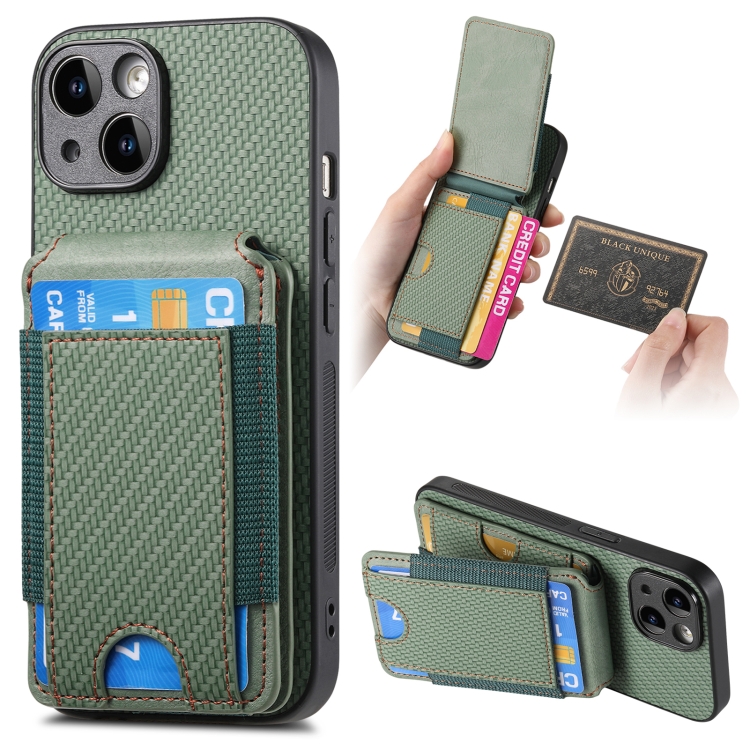 

For iPhone 14 Carbon Fiber Vertical Flip Wallet Stand Phone Case(Green)