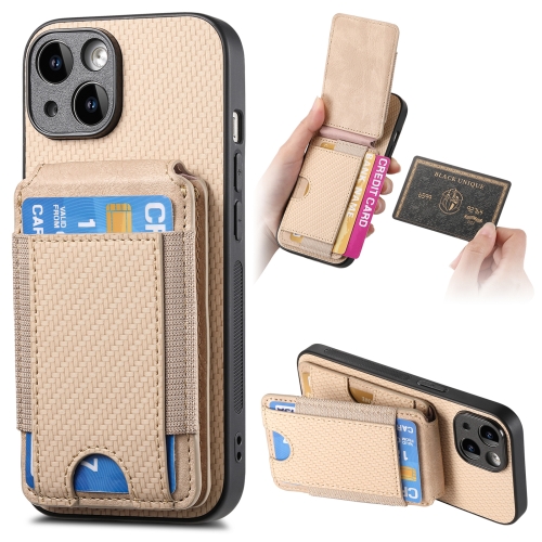 

For iPhone 13 Carbon Fiber Vertical Flip Wallet Stand Phone Case(Khaki)
