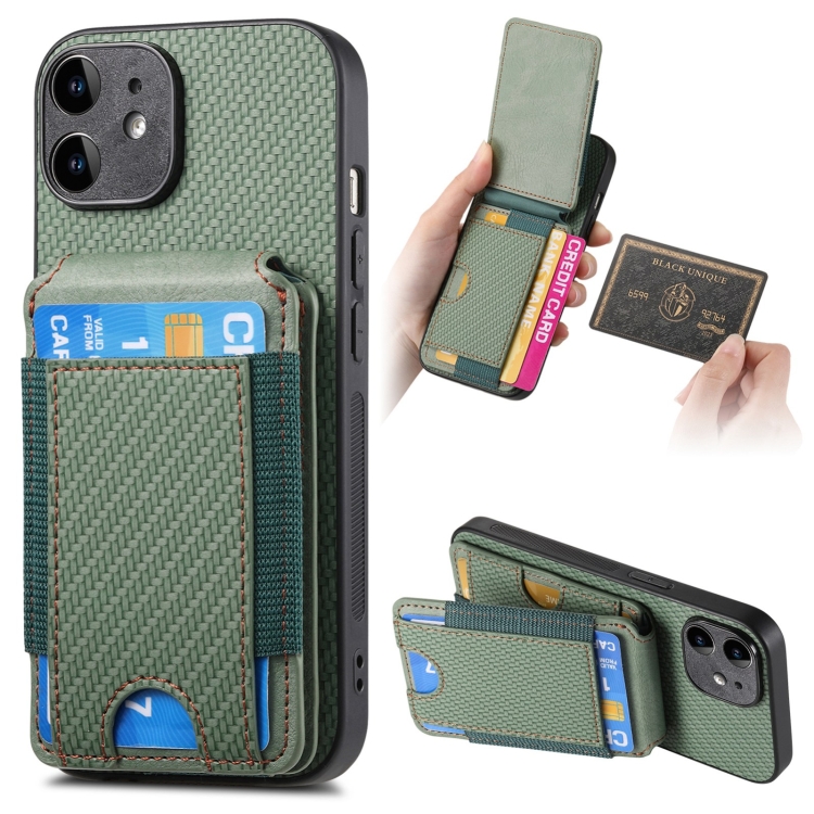 

For iPhone 11 Carbon Fiber Vertical Flip Wallet Stand Phone Case(Green)