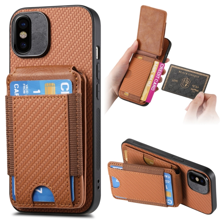 

For iPhone X / XS Carbon Fiber Vertical Flip Wallet Stand Phone Case(Brown)