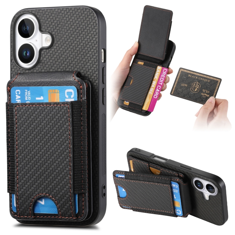 

For iPhone 16 Plus Carbon Fiber Vertical Flip Wallet Stand Phone Case(Black)