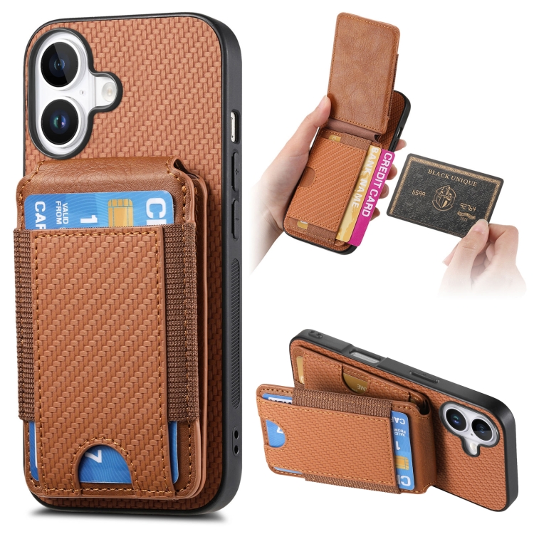 

For iPhone 16 Plus Carbon Fiber Vertical Flip Wallet Stand Phone Case(Brown)