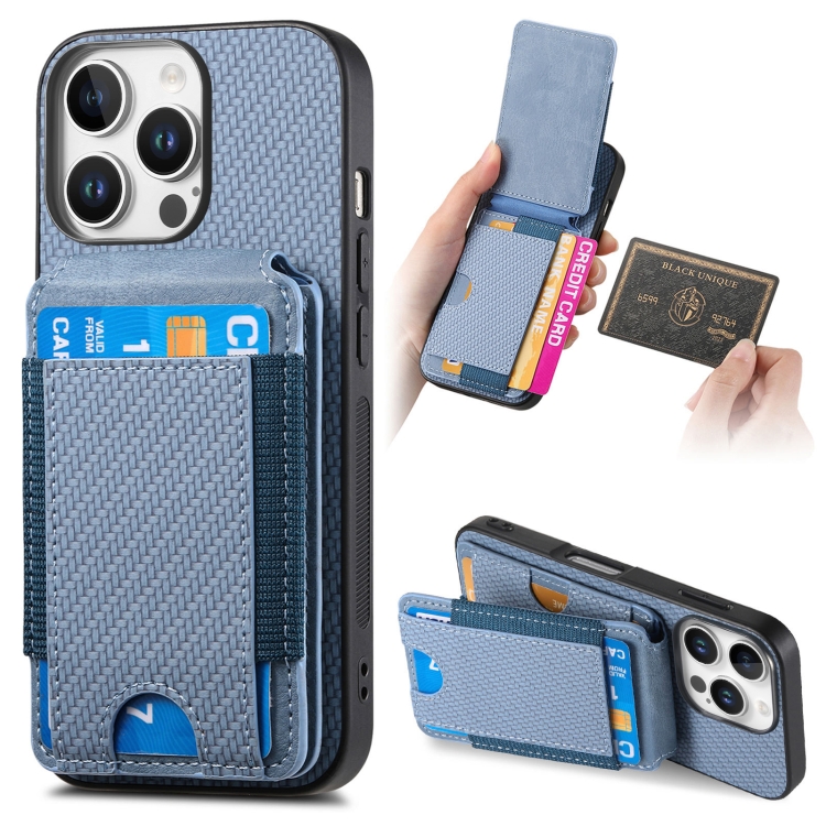 

For iPhone 16 Pro Carbon Fiber Vertical Flip Wallet Stand Phone Case(Blue)