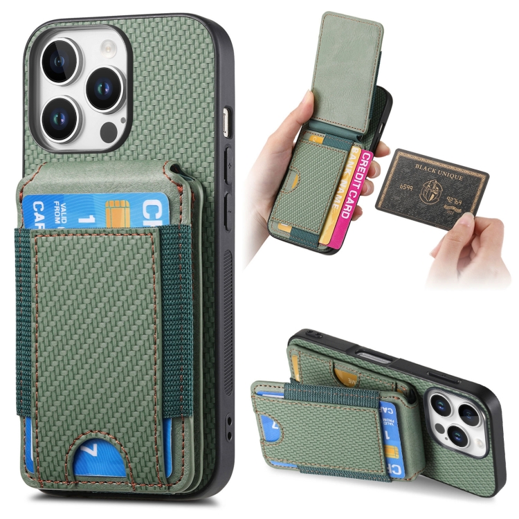 

For iPhone 16 Pro Carbon Fiber Vertical Flip Wallet Stand Phone Case(Green)