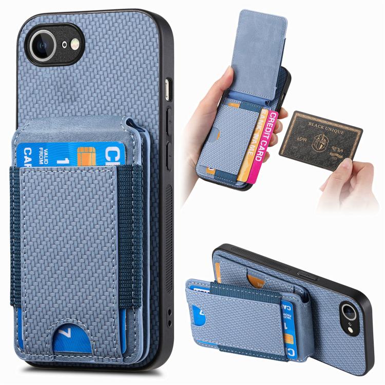 

For iPhone 16e Carbon Fiber Vertical Flip Wallet Stand Phone Case(Blue)