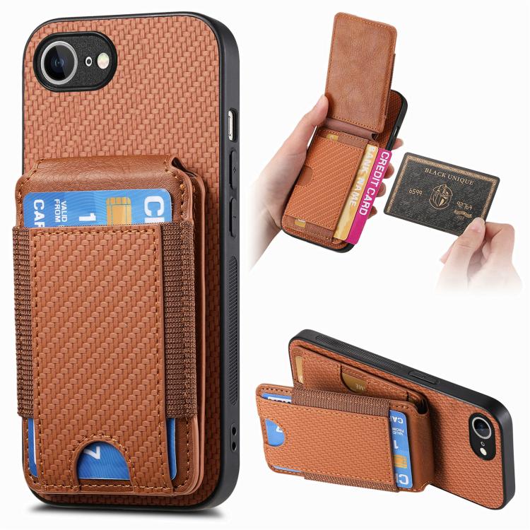 

For iPhone 16e Carbon Fiber Vertical Flip Wallet Stand Phone Case(Brown)