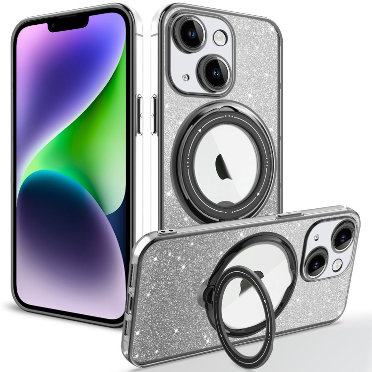 

For iPhone 14 Plus Rotation MagSafe Holder Gradient Glitter TPU Phone Case(Black)