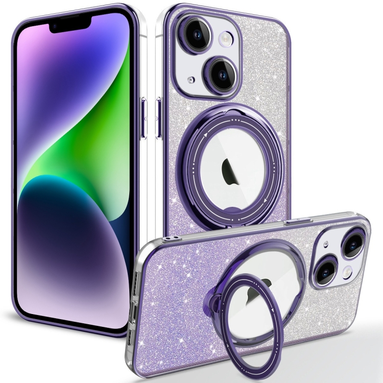 

For iPhone 14 Rotation MagSafe Holder Gradient Glitter TPU Phone Case(Night Purple)