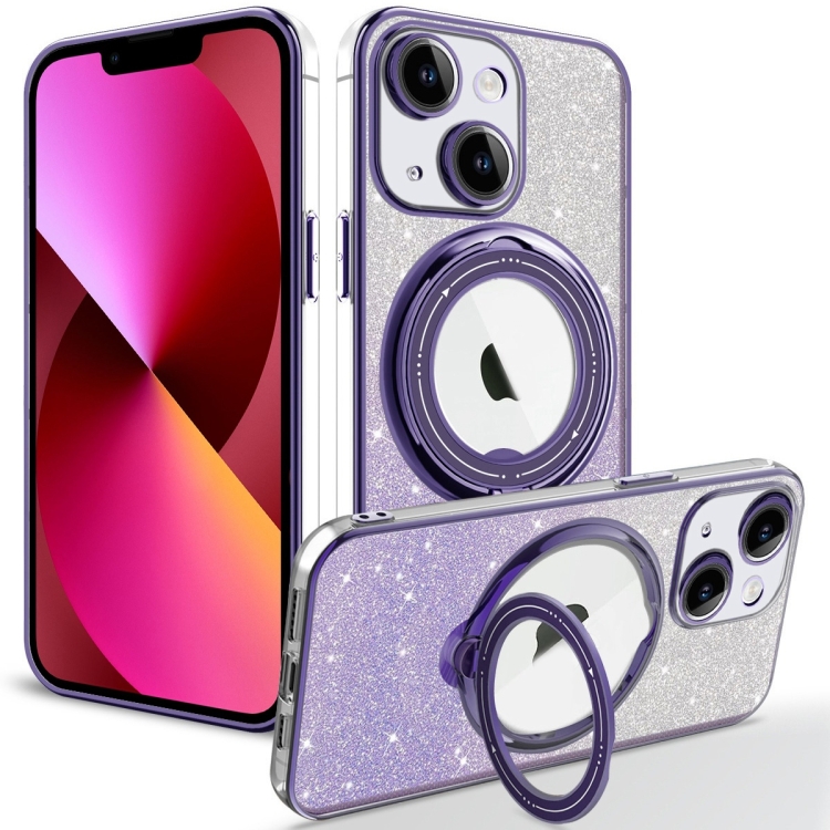 

For iPhone 13 Rotation MagSafe Holder Gradient Glitter TPU Phone Case(Night Purple)