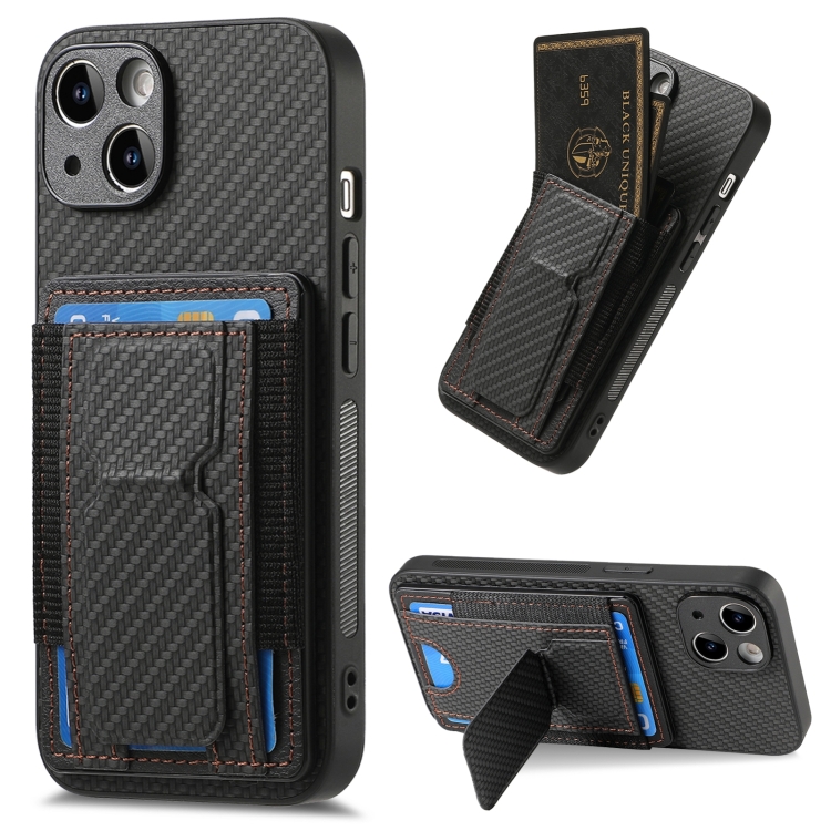 

For iPhone 15 Plus Carbon Fiber Fold Stand Elastic Card Bag Phone Case(Black)