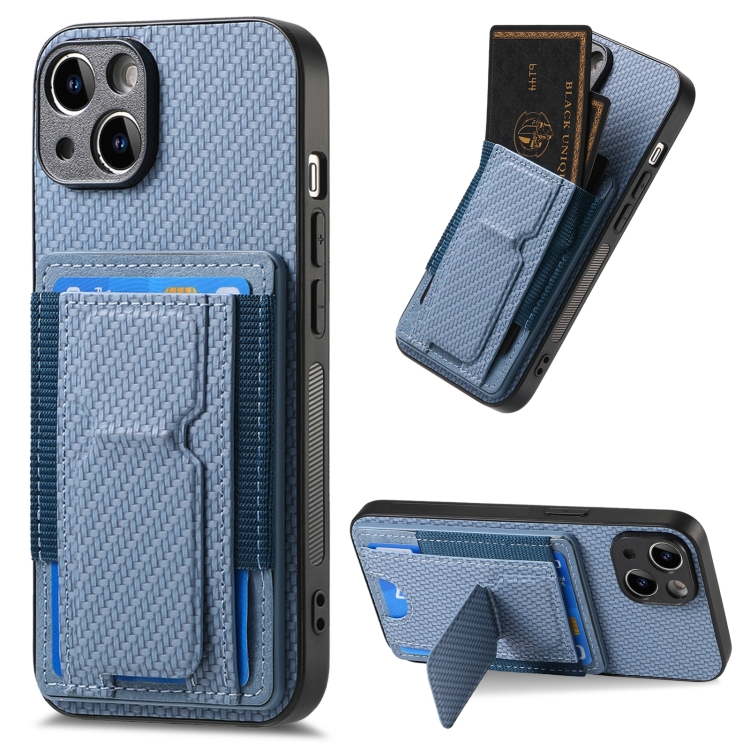 

For iPhone 15 Carbon Fiber Fold Stand Elastic Card Bag Phone Case(Blue)