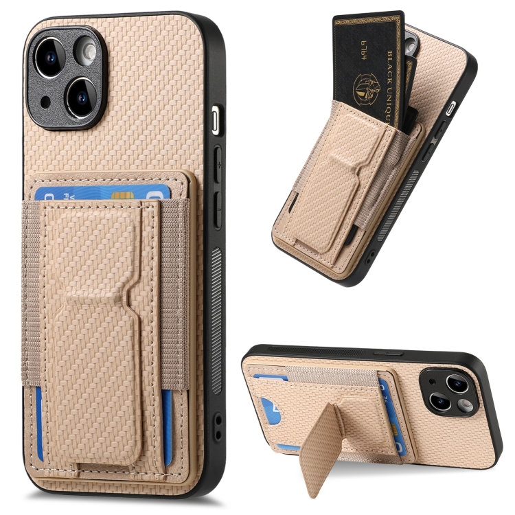 

For iPhone 14 Plus Carbon Fiber Fold Stand Elastic Card Bag Phone Case(Khaki)