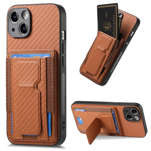 

For iPhone 14 Carbon Fiber Fold Stand Elastic Card Bag Phone Case(Brown)