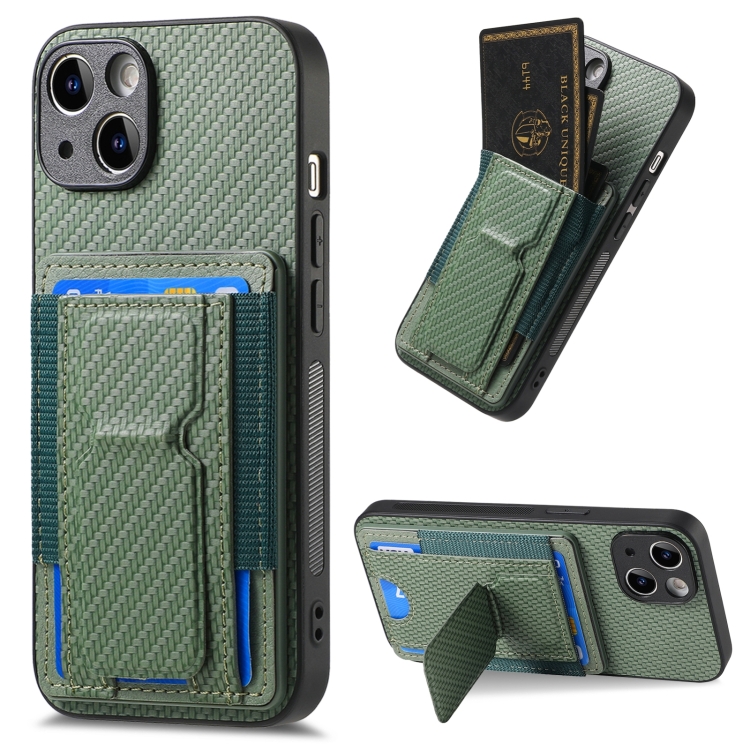 

For iPhone 14 Carbon Fiber Fold Stand Elastic Card Bag Phone Case(Green)