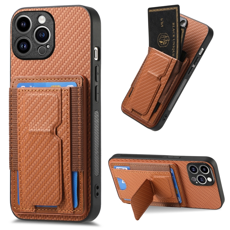 

For iPhone 14 Pro Carbon Fiber Fold Stand Elastic Card Bag Phone Case(Brown)