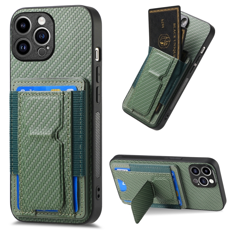 

For iPhone 14 Pro Carbon Fiber Fold Stand Elastic Card Bag Phone Case(Green)