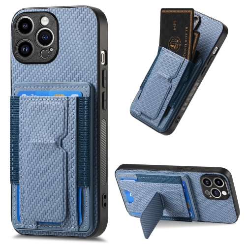 

For iPhone 14 Pro Max Carbon Fiber Fold Stand Elastic Card Bag Phone Case(Blue)