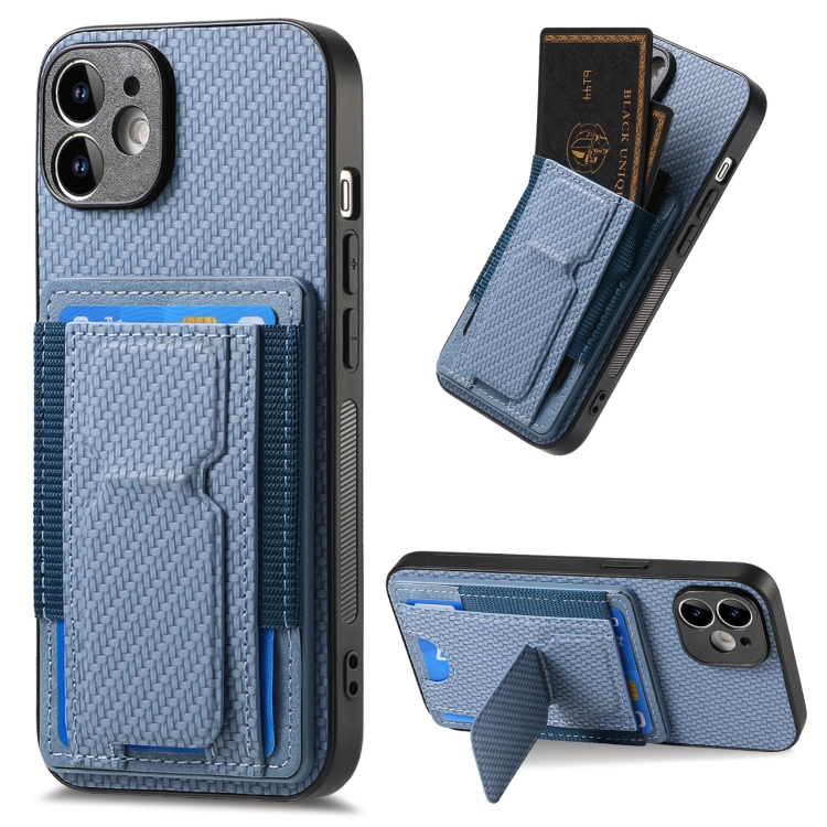 

For iPhone 12 Carbon Fiber Fold Stand Elastic Card Bag Phone Case(Blue)