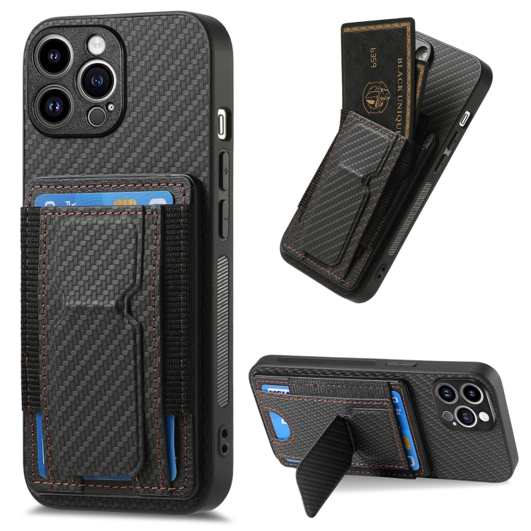 

For iPhone 12 Pro Carbon Fiber Fold Stand Elastic Card Bag Phone Case(Black)