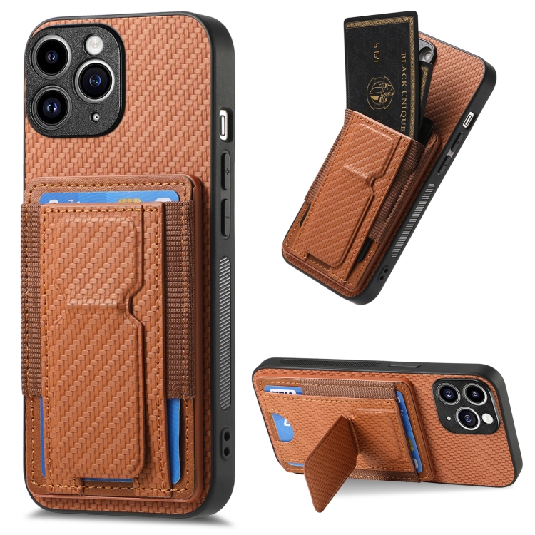 

For iPhone 11 Pro Max Carbon Fiber Fold Stand Elastic Card Bag Phone Case(Brown)