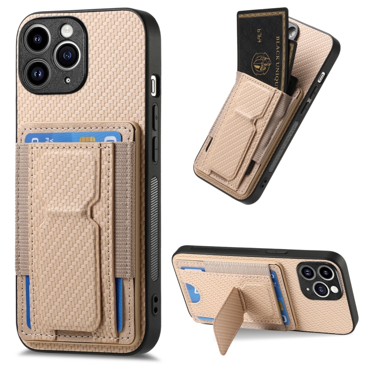 

For iPhone 11 Pro Max Carbon Fiber Fold Stand Elastic Card Bag Phone Case(Khaki)