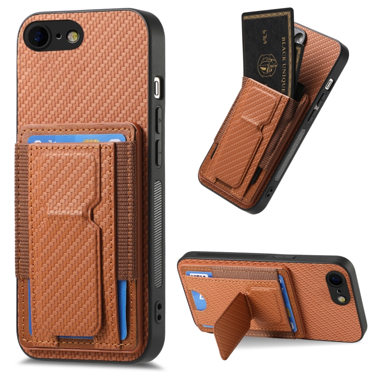 

For iPhone 7 / 8 / SE 2022 Carbon Fiber Fold Stand Elastic Card Bag Phone Case(Brown)