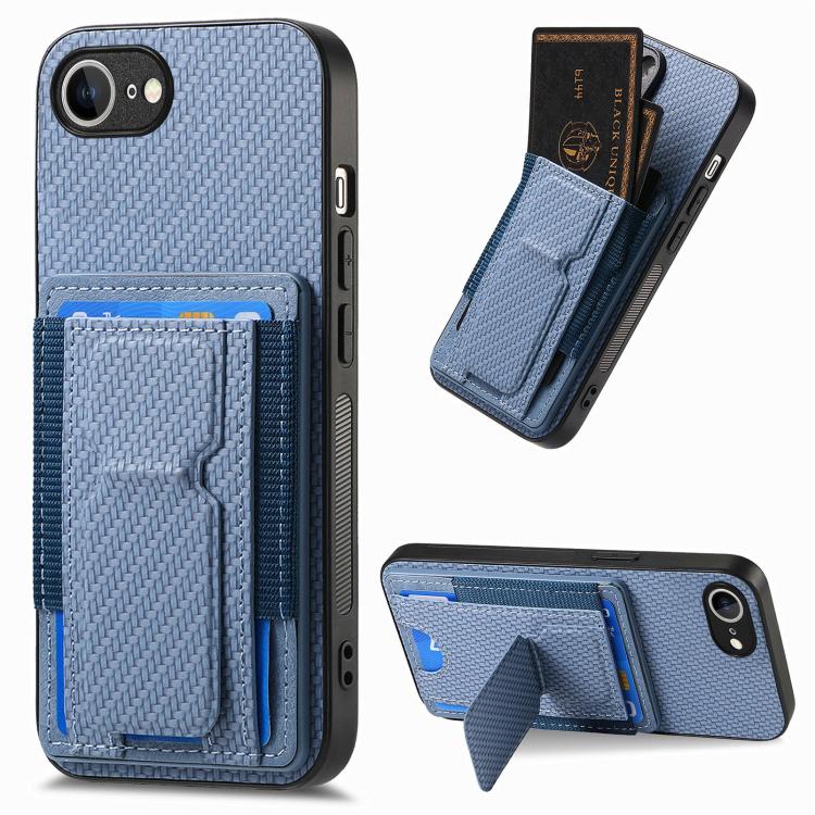 

For iPhone 16e Carbon Fiber Fold Stand Elastic Card Bag Phone Case(Blue)
