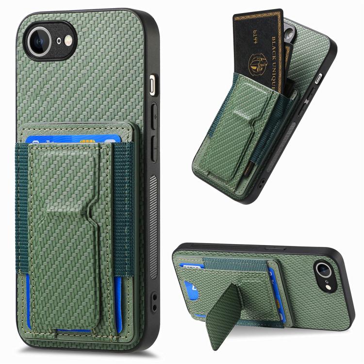 

For iPhone 16e Carbon Fiber Fold Stand Elastic Card Bag Phone Case(Green)