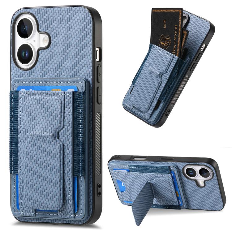 

For iPhone 17 Carbon Fiber Fold Stand Elastic Card Bag Phone Case(Blue)