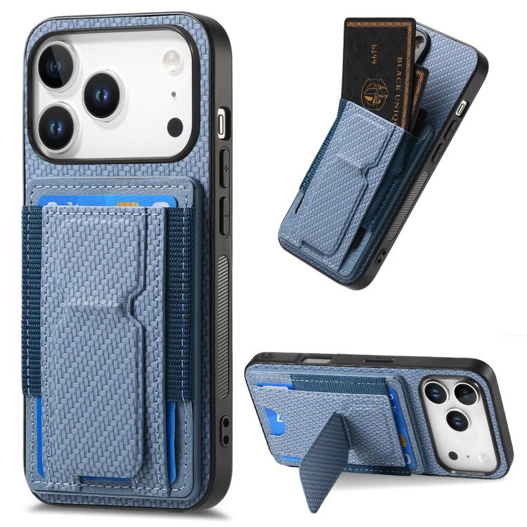 

For iPhone 17 Pro Max Carbon Fiber Fold Stand Elastic Card Bag Phone Case(Blue)