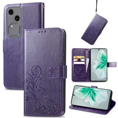 

For vivo S18 Four-leaf Clasp Embossed Leather Phone Case(Purple)