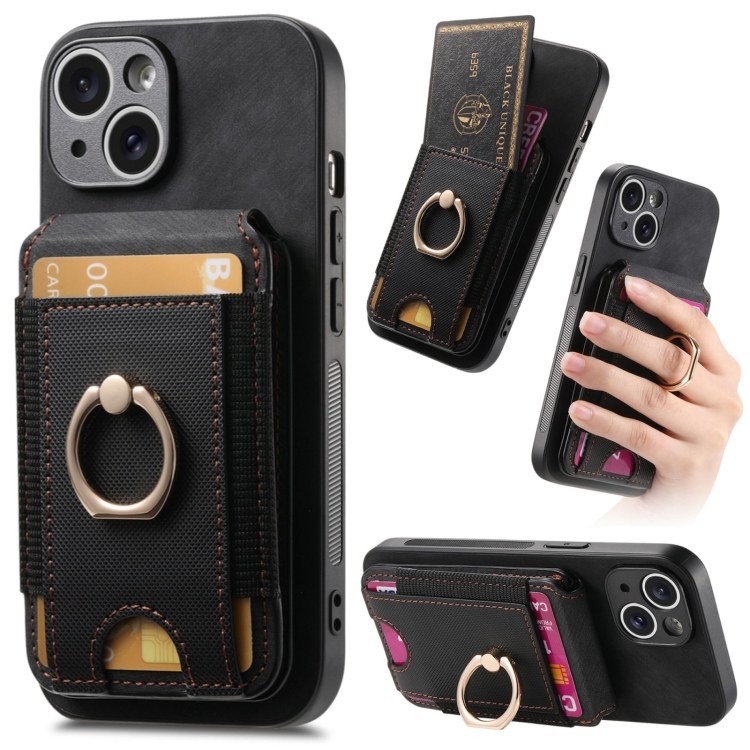 

For iPhone 14 Plus Retro Splitable Magnetic Stand Card Bag Leather Phone Case(Black)