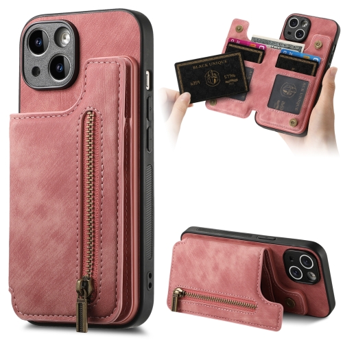 For iPhone 14 Plus Retro Leather Zipper Wallet Back Phone Case(Pink) for iphone 14 magsafe crossbody multi functional zipper wallet litchi leather phone case orange
