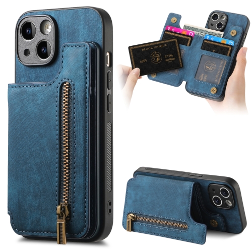 

For iPhone 14 Plus Retro Leather Zipper Wallet Back Phone Case(Blue)