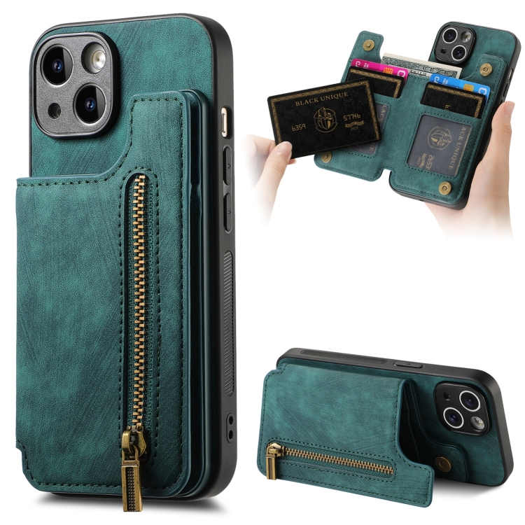 

For iPhone 14 Plus Retro Leather Zipper Wallet Back Phone Case(Green)
