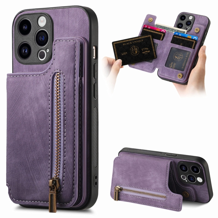 

For iPhone 14 Pro Retro Leather Zipper Wallet Back Phone Case(Purple)