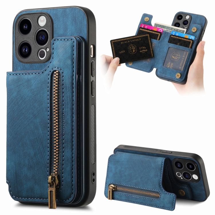 

For iPhone 14 Pro Retro Leather Zipper Wallet Back Phone Case(Blue)
