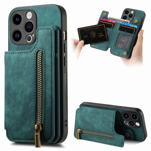 For iPhone 14 Pro Max Retro Leather Zipper Wallet Back Phone Case(Green)