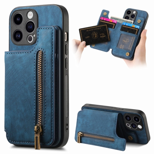 

For iPhone 13 Pro Max Retro Leather Zipper Wallet Back Phone Case(Blue)