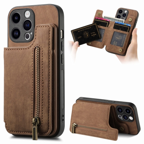 For iPhone 13 Pro Retro Leather Zipper Wallet Back Phone Case(Brown) durable earring display stands rack soft silicone ear model stud holder showcase birthday mannequin stand earrings organizer