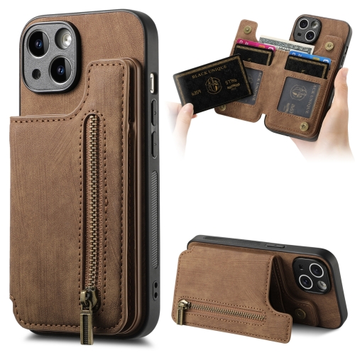 

For iPhone 13 Retro Leather Zipper Wallet Back Phone Case(Brown)