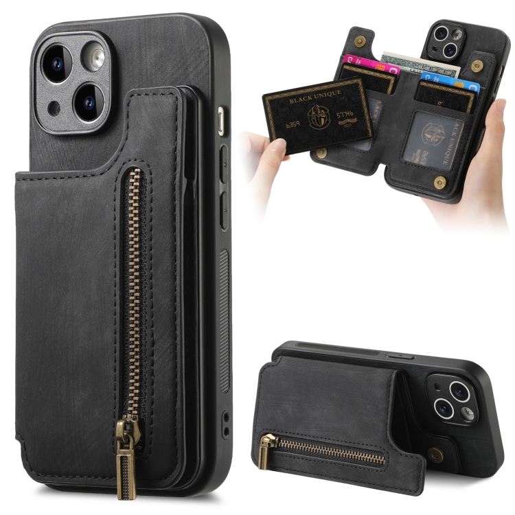 

For iPhone 13 Retro Leather Zipper Wallet Back Phone Case(Black)