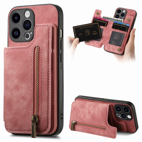 For iPhone 12 Pro Max Retro Leather Zipper Wallet Back Phone Case(Pink) for iphone 14 pro denior cowhide texture leather magsafe detachable wallet phone case brown
