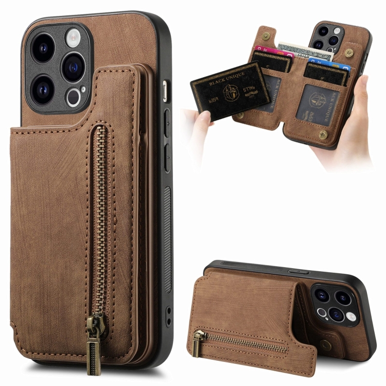 

For iPhone 12 Pro Max Retro Leather Zipper Wallet Back Phone Case(Brown)