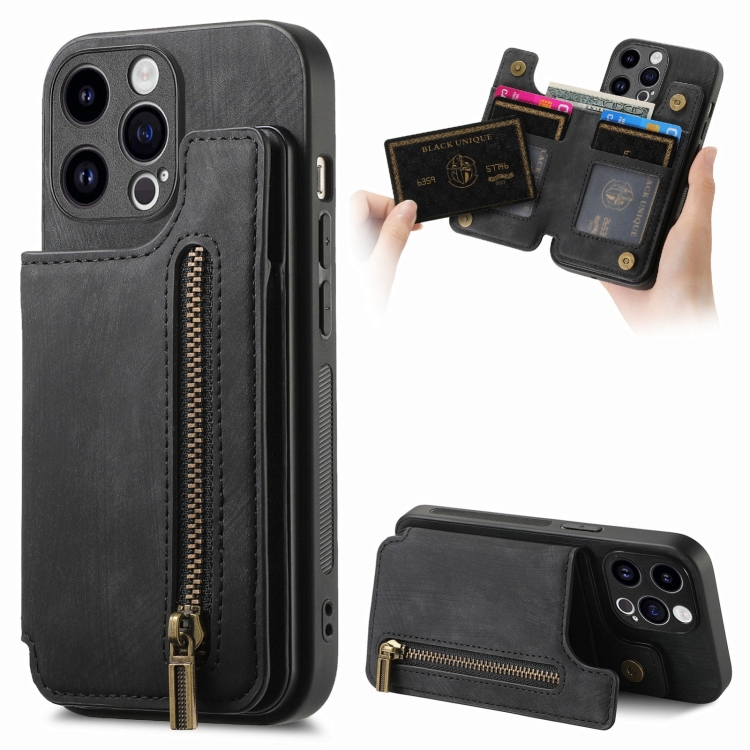 

For iPhone 12 Pro Retro Leather Zipper Wallet Back Phone Case(Black)