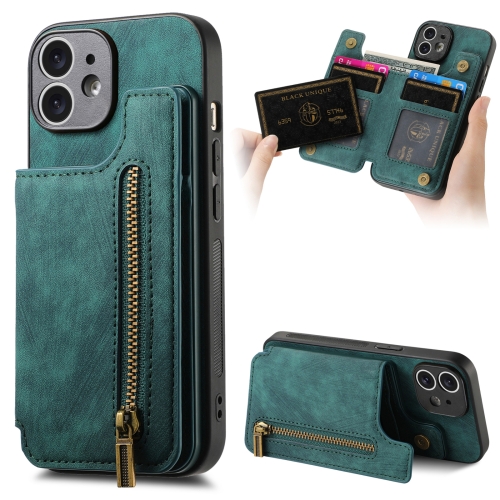 For iPhone 11 Retro Leather Zipper Wallet Back Phone Case(Green) 5pcs green pmln4216 walkie talkie replacement housing case kit for ht750 gp328 gp340 pro5150 pro5350 ptx700 two way radios