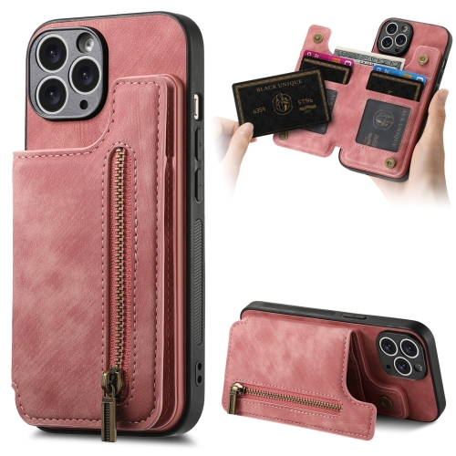 For iPhone 11 Pro Retro Leather Zipper Wallet Back Phone Case(Pink) 2023 autumn and winter new velvet high sense machine embroidery beaded retro temperament ostrich fur collar short coat jacket