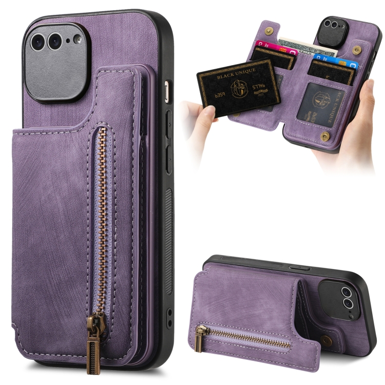 

For iPhone 7 Plus / 8 Plus Retro Leather Zipper Wallet Back Phone Case(Purple)